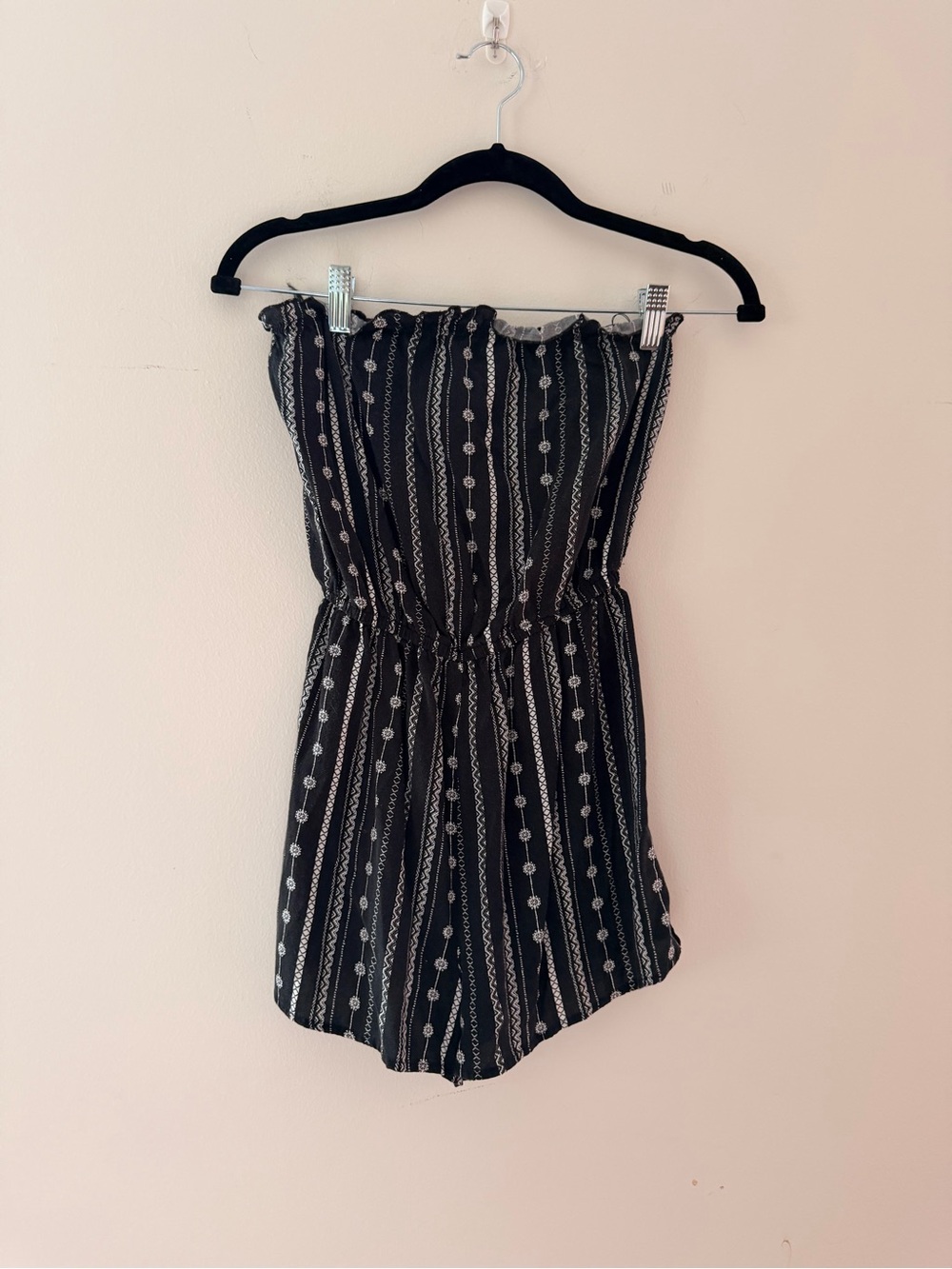 Black Strapless One-Piece Romper with White Stripe Detail